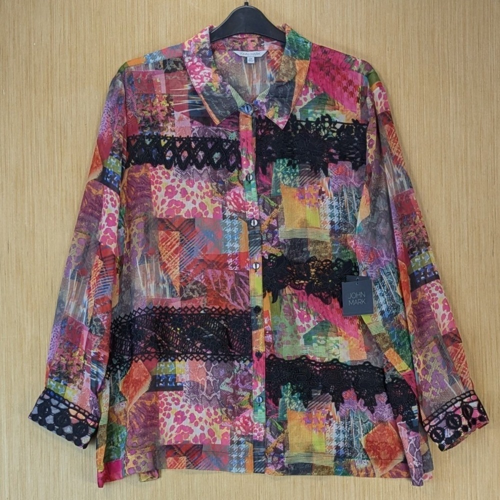 John Mark Maximalism Artsy Patchwork Lace Button Down Top Size 2X Colorful Sheer